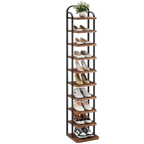 Dripex Vertikales Schuhregal mit 10 Ebenen, Schuhablage schmal Metall, Verstellbar Ablage, platzsparend für Eingangsbereich Wohnzimmer Schlafzimmer Flur, Vintagebraun-Schwarz