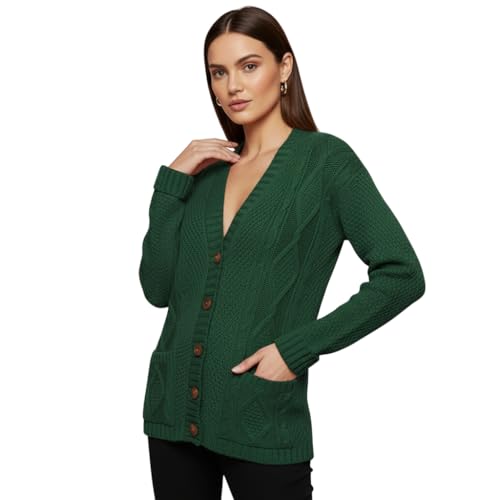 LUXFAB Womens Long Sleeve Button Top Cardigan Chunky Aran Cable Knit Grandad Style Sweater Everyday Casual Warm Knitted Ladies Cardigan UK Sizes 8-26 Bottle Green
