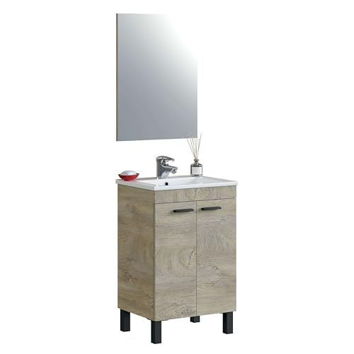 ARKITMOBEL – Mueble de Baño con 2 Puertas y Espejo, Módulo Lavabo con Patas, Color Roble Alaska, 50x80x40 cm – Modelo PM (Sin Lavamanos)