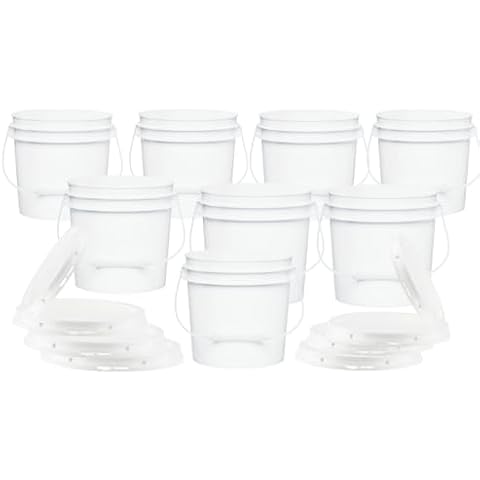 House Naturals 1 Gallon White Bucket with Gasket lid - Food Grade containers BPA Free - Pack of 8 Buckets - Made in USA Cover