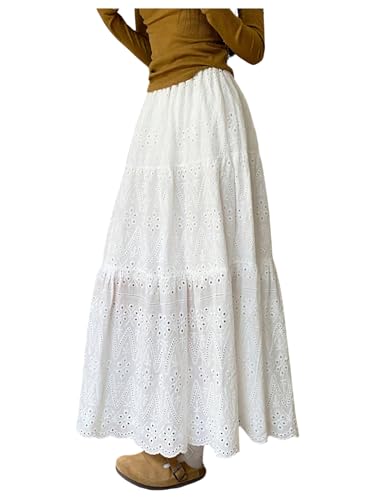 Verdusa Women's Eyelet Embroidery Ruffle Skirt Elastic High Waisted A Line Flowy Long Skirts