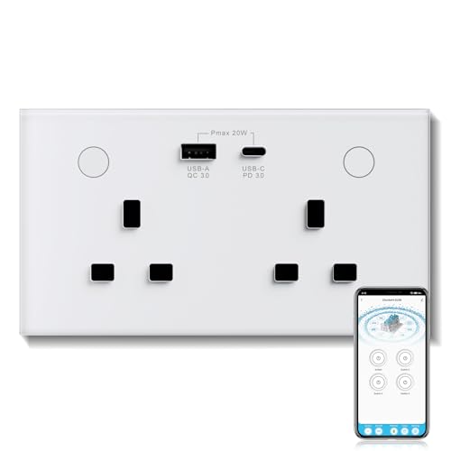 BSEED WiFi Socket 2 Gang with USB and Type C Compatible with Alexa and Google Home, Metered Socket With APP Remote Control Compatible with Smart Life, Timer Outlet Smart Outlet 16A White