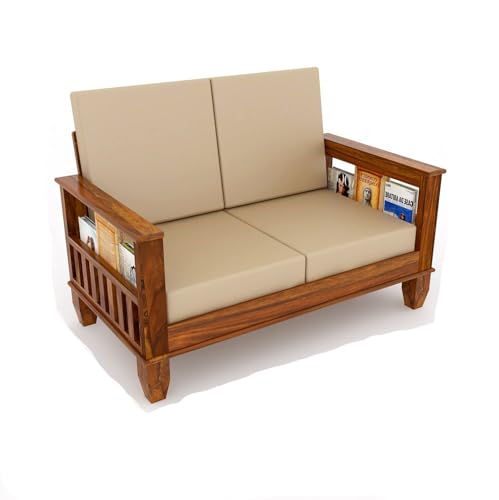 Image of Solid Sheesham Wood Sofa Set 2 Seater|Wooden 2-Person Sofa Set|Sofa Sets for Living Room|Two Seater Sofa Set with Side Magzine & Newspaper Holder|Rosewood, Honey Brown