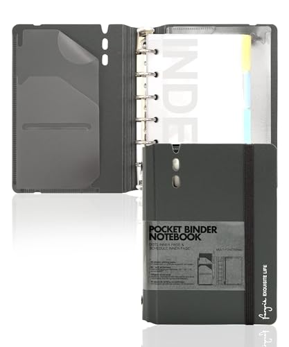 CAGIE A7 Binder 6 Ring Notebook with Dividers Refillable Planner Binder with Pockets, A5 Refill Paper Include Planning Square Ruled and Dotted Pages, 4.13 x 5.71 In, (Grey, A7 Hourly&Dot Page)