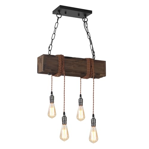KEESFU 4-Lights Farmhouse Pendant Lights Kitchen Island, Rustic Wooden Ceiling Hanging Light, Height Adjustable, Dining Room Chandelier for Kitchen Island Dining Room Bar Pool Table Cabin.