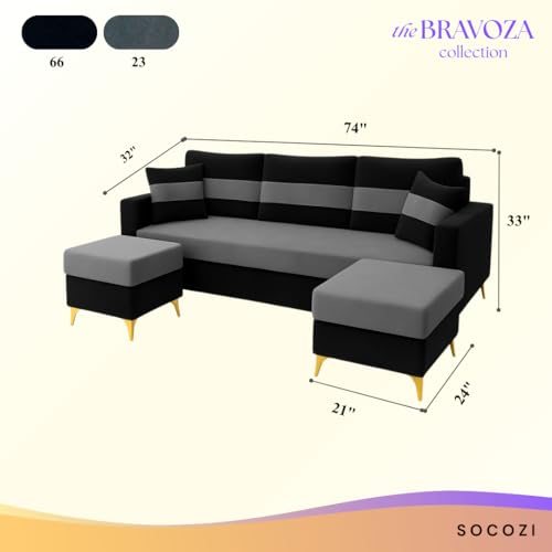 Image of SOCOZI Bastian 5 Seater L Shape Sofa Set with 2 Movable Ottomans | Flexible Layout | Soft Velvet Suede Fabric|Modern Sofa | Plush Comfort Cushions for Living Room (Black- Dark Grey)