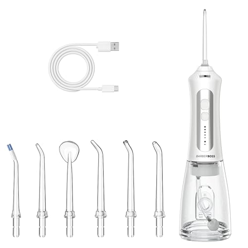 BarberBoss Irrigador bucal recargable para dientes y encías, 5 modos de limpieza, 5 boquillas de chorro, depósito de 300 ml, USB inalámbrico, resistente al agua IPX7 y boquilla de 360°