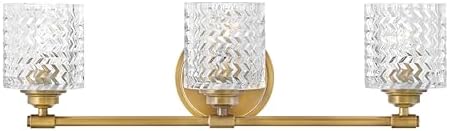 Hinkley Elle Collection Three Light Bathroom Vanity Fixture with Clear Chevron Glass, Heritage Brass