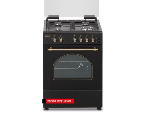 Corberó - Cocina de Gas Butano Excellence 60cm | CCSF6022NR | 4 Fuegos | Horno 55L con puerta triple cristal| Función Ruste pollos | Tapa Fogones Cristal| Wok con Quemado| Negro Rústica