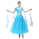 Tytyozay Vestido De Baile De Salón para Mujer, Hombros Descubiertos, Diamantes De Imitación, Ropa De Baile De Tango Y Vals Moderno, Traje Profesional De Competición,Azul,XL