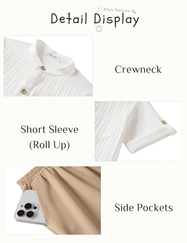 Image of Arshiner Boy's 2 Piece Beach Outfit Short Sleeve Textured Button Down Shirt and Short Sets Summer Vacation Wear 4-12 Years