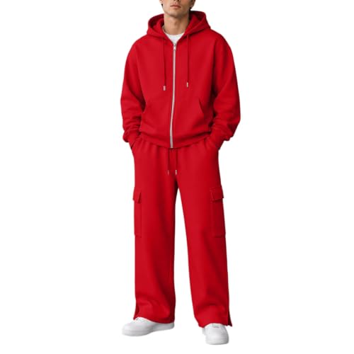 CSVBVSQ Hoodie Set For Men,Men Sweatsuits Sets Zip Up & Pullover Sweatshirt And Cargo Sweatpants 2 Piece Track Suit Sweatsets Baggy Fall Winter Outfits(Red,XX-Large)