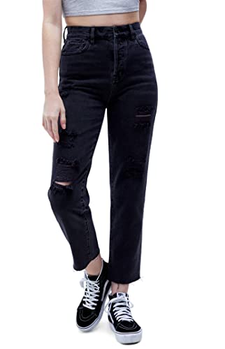 PacSun Women's Black High Waisted Straight Leg Jeans - Worn Look Ripped Denim, Black Wash