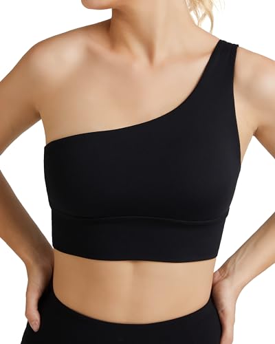 colorskin Sport-BH für Damen, einschultrig, mit herausnehmbaren Pads, mittlere Unterstützung, Workout, asymmetrischer linker Schulter-BH, Schwarz, small