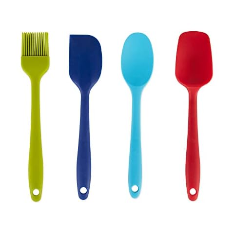 RSVP International Ela Collection Silicone Coated Steel, Spoon, Spatula & Brush, 4 Piece Set, Assorted Colors Cover