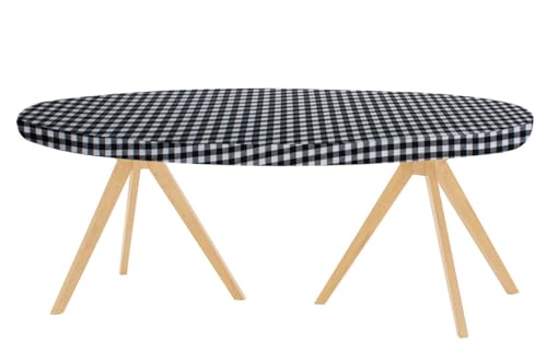 Image of The Furnishing Tree Elastic Oval Dining Table Cover WxL 35x63 in Inches Polyester Checkered Pattern White