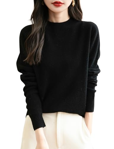 Chanyarn Women's Winter Sweater 2025 Fall Warm Soft Turtleneck Long Sleeve Seamless Knit Pullover Cashmere Style 100% Merino Wool Mockneck Sweater (Black,M)