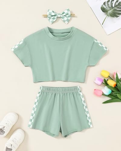 Image of SANMIO Toddler Girl Clothes Summer 3 Piece Outfits Cute | Short Sleeves Checkered Tops Shorts and Headband Girls Clothing Set