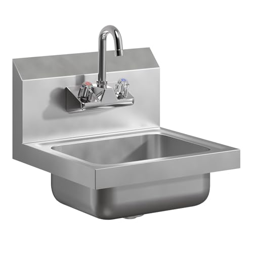 Image of 15 in. x 15 3 /4 in. NSF Certified Stainless Steel Hand Sink - Commercial Wall Mount Hand Basin with Faucet. Ideal for Restaurants, Bars, Kitchens, and Stores