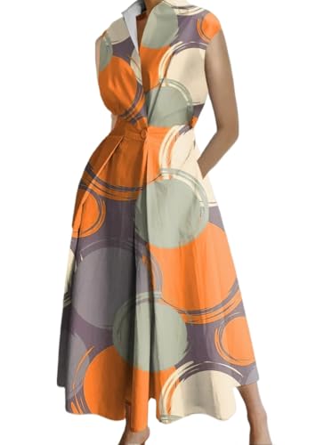 Damen-Maxikleid aus Baumwolle, Sommer, mit Taschen, ärmellos, V-Ausschnitt, Knopf, Retro, Pendler, Swing, hohe Taille, plissiertes Revers, A-Linie,...