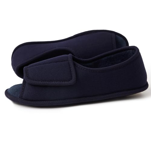 Image of Adjustable House Shoes Open Toe Full Foot Slippers for Men Breathable Memory Foam Slipper Indoor /Outdoor Non-Slip Sole Extra Wide Shoes for All Season NavyBlue US13-14