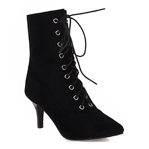VOKLIN Women's Pointed Toe Elegant Dressy Ankle Boots Lace Up Stilettos Kitten Heels Dress Short Booties