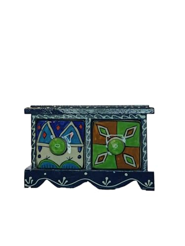 Especiero Indio decorativo de color azul oscuro hecho de Madera y Cerámica de 2 cajones.