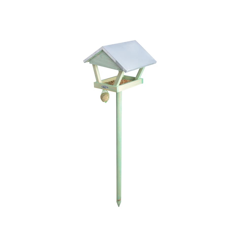 Esschert Design Vogelhaus, Vogelfutterhaus mit Dach auf Holzstab, mit Haken für Futterball, ca. 28 cm x 28 cm x 120 cm