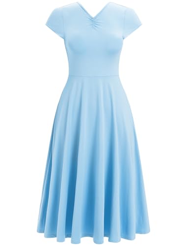 AFAVOM Lyrical Dance Costumes for Women Solid V-Neck Lyrical Dance Dress Flowy Swing Ruffle Maxi Skirt Contemporary Dance Costumes Adult Ballet Leotard Dance Dress Dancewear Blue XS