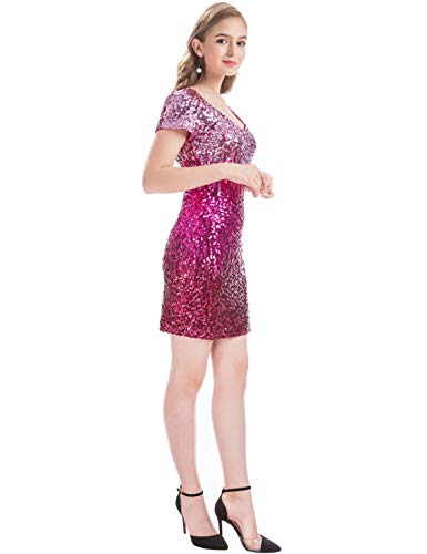 MANER Women's Sequin Glitter Short Sleeve Dress Sexy V Neck Mini Party Club Bodycon Dresses