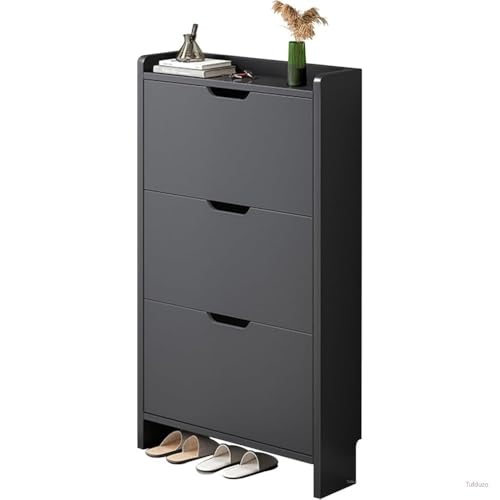 Tufduzo スリムシューズラック 木製 省スペース設計 フリップドア式 2段収納 玄関/狭小空間用 下駄箱/靴棚/靴収納 (47*17*115cm,黒です)