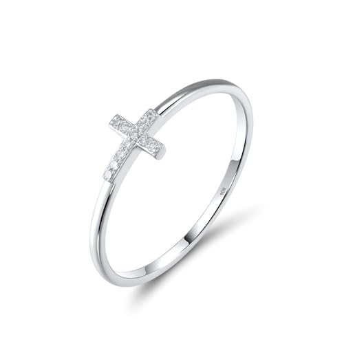 Santuzza 10K White Solid Gold Cross Shape Ring Genuine Diamond Simple Dainty Ring for Women (5)