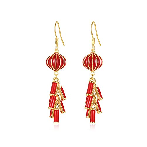 Red Lantern Firecracker Dangle Earrings for Women S925 Sterling Silver Post Chinese Style Statement Charm Tassel Drop Earring Piercing Dangling Hook Fashion Elegant Jewelry Birthday New Year's Gifts