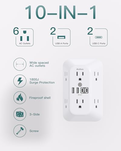 Addtam Surge Protector Outlet Extender, 6-Outlet Splitter with 4 USB Wall Charger(2 USB-C Ports), Multi Plug Wall Outlet 1800J Power Strip for Home Office Dorm Room Essentials - Image 3