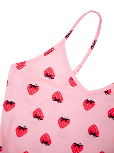 Image of Avanova Women Strawberry Graphic 2 Piece Pajama Shorts Set Cute Ruffle Cami Sleepwear Strawberry Pink Medium