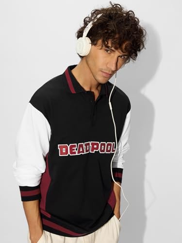 Image of The Souled Store Official Deadpool: The Anti-Hero Men and Boys Long Sleeves Collared Neck Multicolor Graphic Printed Cotton Oversized Rugby Polos