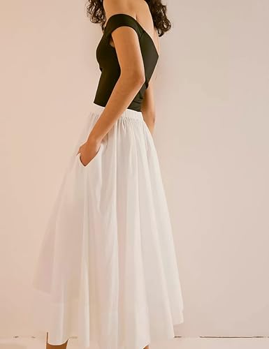 Zontroldy Women's Fashion Midi Skirt Elastic Waist Pleated Casual Cotton Long Skirts with Pockets3