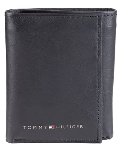 Tommy Hilfiger Men's RFID Leather Wallet â€“ Slim Trifold, Deep Black, One Size