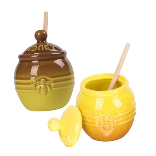 PRETYZOOM 2 Set Ceramic Honey Pot with Lid and Stirring Rod Vintage Design Honey Storage Jar Practical Kitchen Canister for Syrup