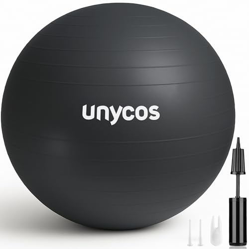 unycos - Gymnastikball 75 cm Sitzball Trainingsball für Yoga, Fitness, Medizinball, Balance Ball, Core Training Strength, Pilates-Ball | Inkl. Pumpe, BPA-Frei, Anti-Burst (Grau mit Logo)
