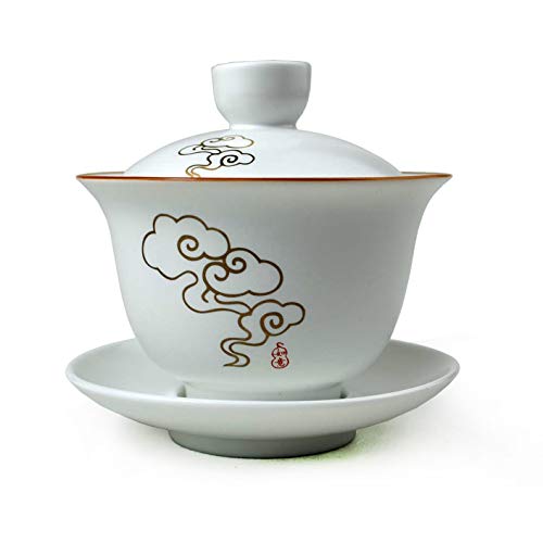 Image of Liang baobao Gaiwan 8oz Porcelain Teacup White Glazed with Golden Rim Tureen Chinese Gongfu Tea Cup Sancai Cover Bowl Lip Cup Saucer Set (Auspicious clouds)