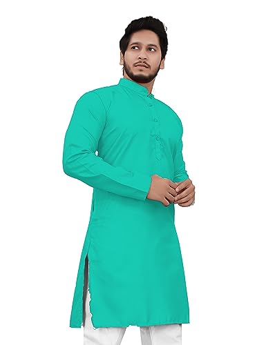 Image of Cotton Blend Full Sleeve Long Plain Kurta for Men