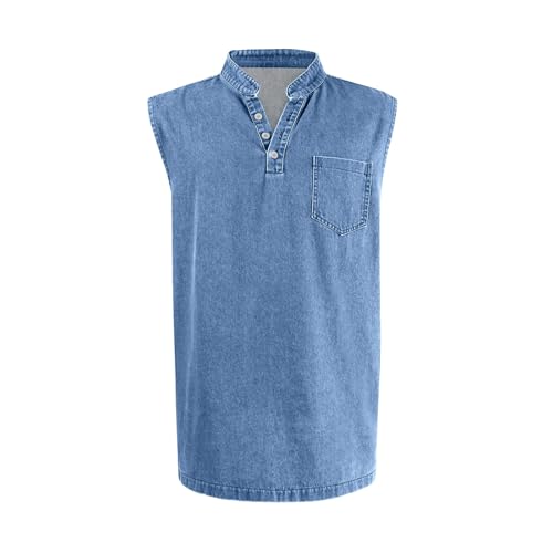 Sleeveless Shirts for Men Distressed Washed Tank Tops Henley Button Down V Neck Polo Shirt Vintage Solid Tee Top3