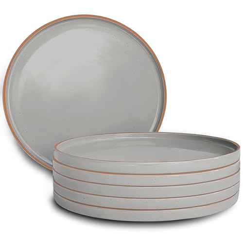 MORA Ceramic Flat Dinner Plates Set of 6, 10.5 in High Edge Dish Set - Microwave, Oven, and Dishwasher Safe, Scratch Resistant, Modern Dinnerware- Kitchen Porcelain Serving Dishes - Earl Grey