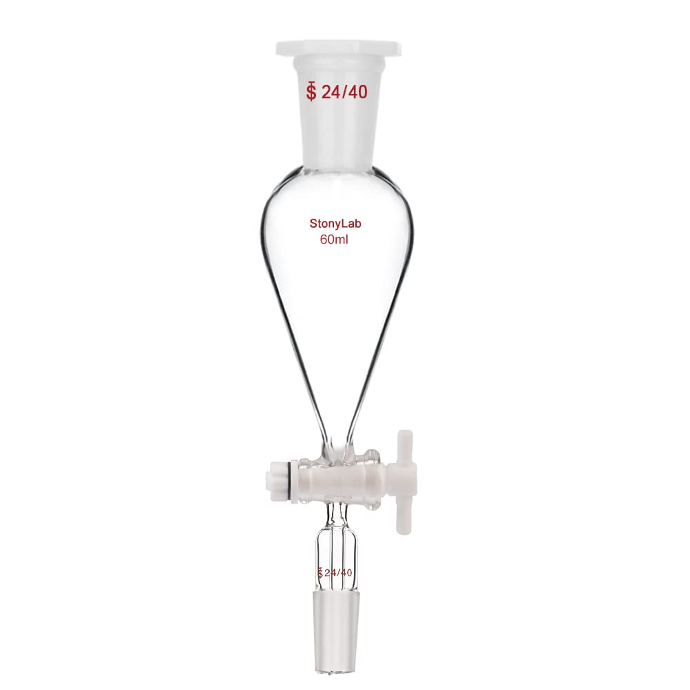 stonylab 60 mL Conical Pear-Shaped Separatory Funnel with PTFE Stopcock, Heavy Wall Borosilicate Glass, Top & Lower 24/40 Joints – Lab Liquid Separation