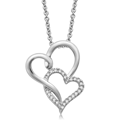 Jewelili Sterling Silver 1/10 Cttw Natural White Round Diamond Double Heart Pendant Necklace, 18