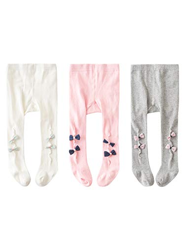 Baby Girls Tights Cotton Baby Knit Leggings Infant Soft Seamless Tights Newborn Pants Stockings with Lovely Bowknot 3 Packs Bow White & Pink & Grey 6-12 Months