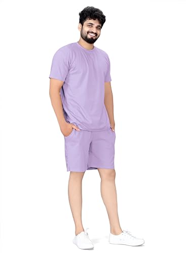 Image of ELLITI Cotton Blend Solid Casual Round Neck Half Sleeve Oversized Co-ord Set Men's, Pyjama Set, Sleepwear Loungewear T-Shirt and Shorts Combo for Men, Night Wear for Men, Night Suit for Men's