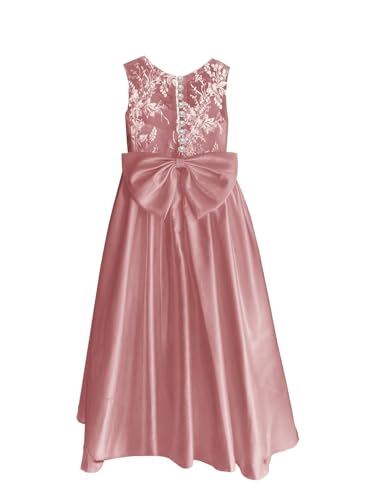 Lace Applique Flower Girl Dress for Wedding Kids Soft Satin Long Princess Pageant Bowknot Pearls Prom Ball Gowns