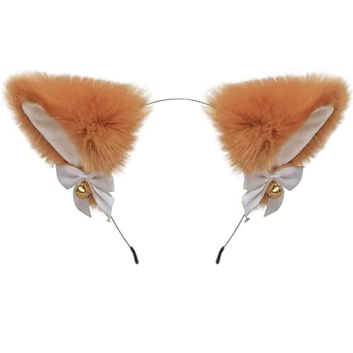 Cat Ears Headband, Handmade Fur Cat Ears Coffee Hairband, Halloween Clothing Cosplay Party Costume Animal Headband with Bells Anime Hair Accessory for Girl Festivals, Performances, and Party